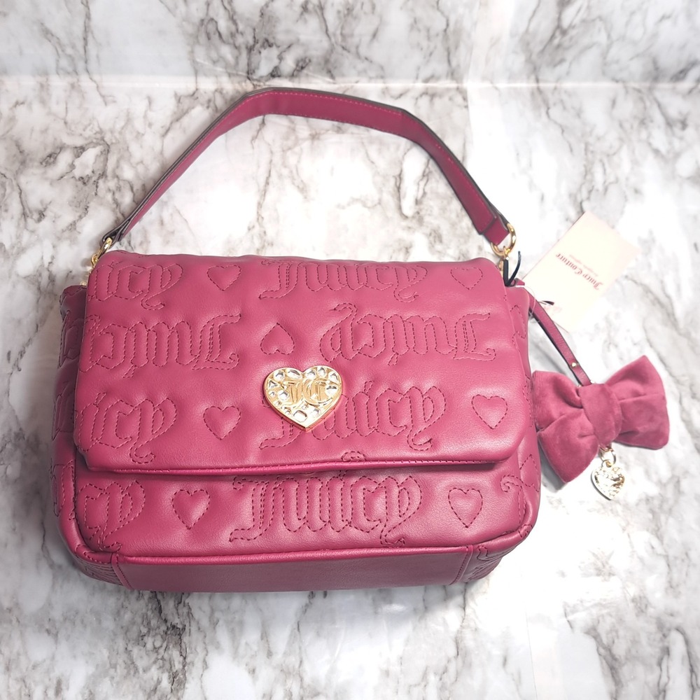 Juicy Couture Lovely Girl Crossbody Bag Plum Berry‎ Quilted Hearts & Gold Logo
